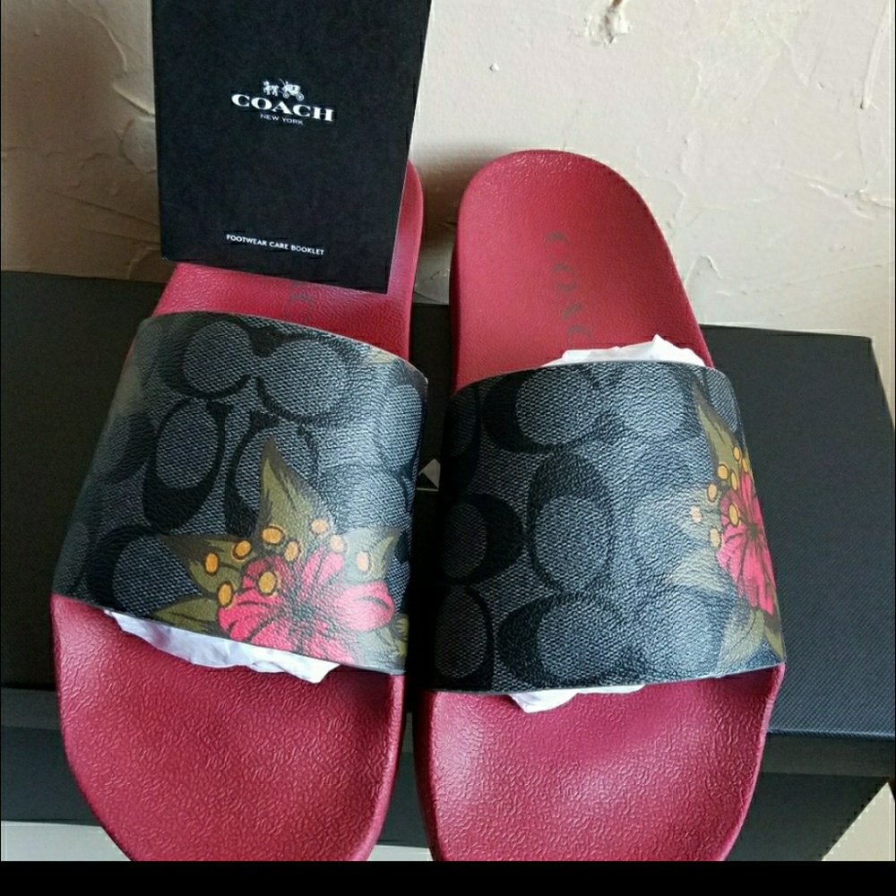 Red Floral Coach Slides